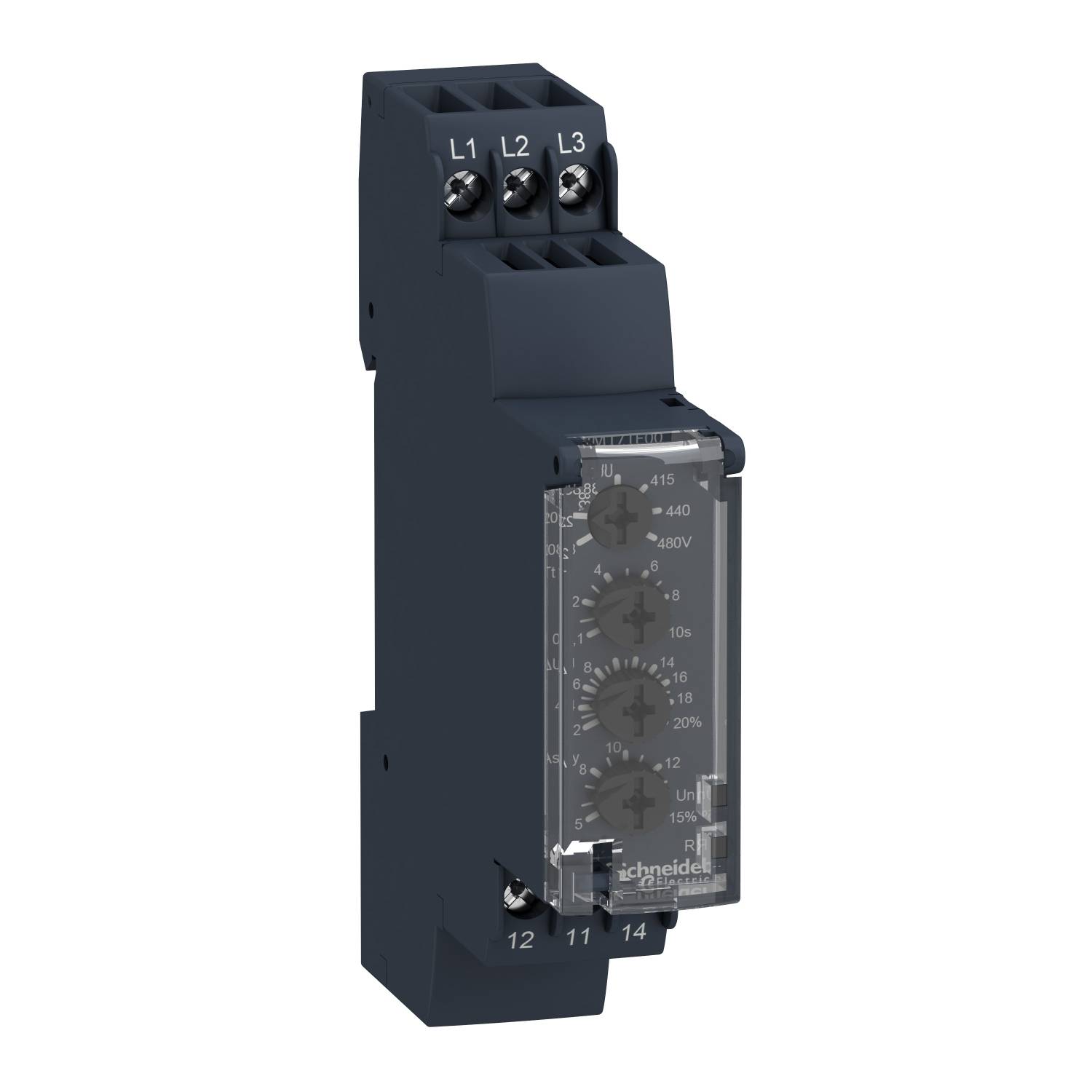 Ein schwarzes elektrisches Steuerungsgerät mit mehreren Anschlüssen und Drehknöpfen zur Einstellung von Spannungen, montierbar auf einer DIN-Schiene.