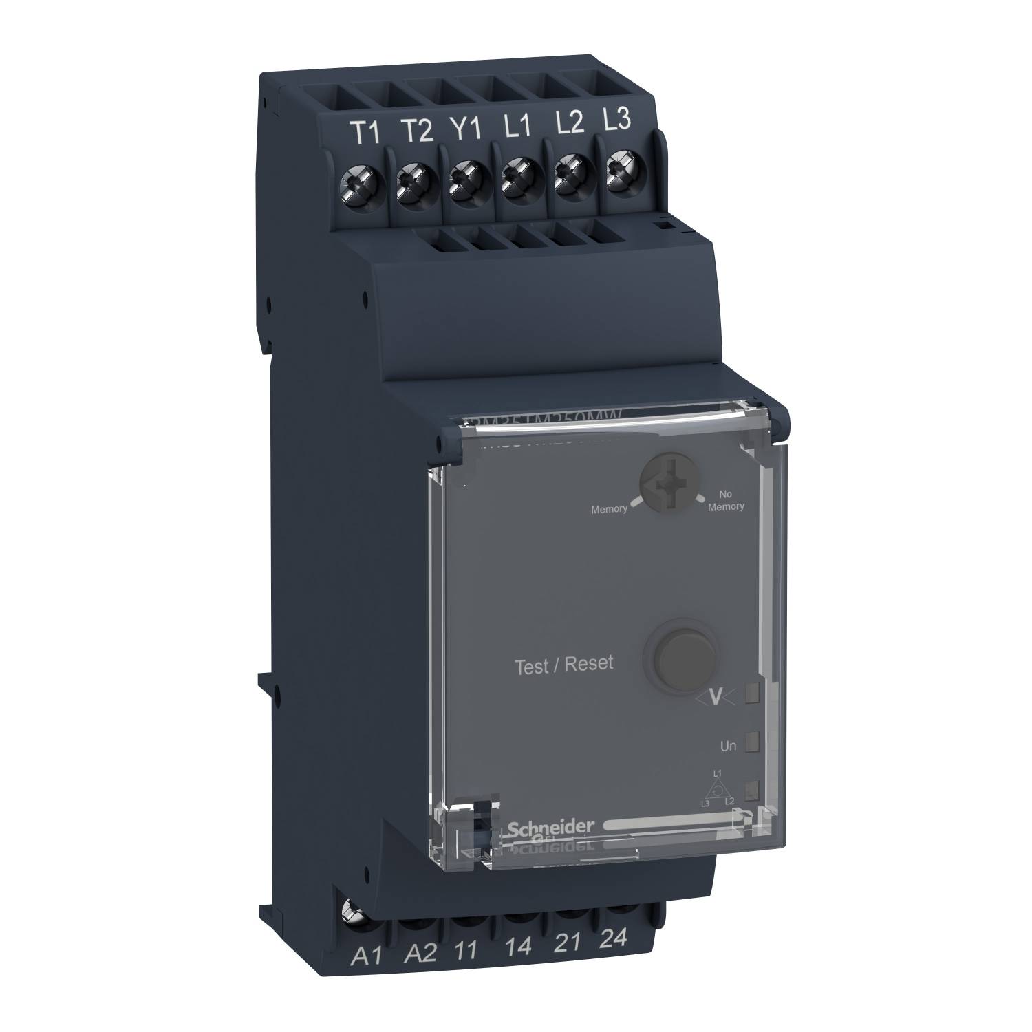 Elektronisches Gerät von Schneider Electric mit Test- und Reset-Funktionen, nutzbar in elektrischen Schaltanlagen.