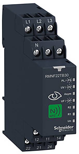 Elektronisches Gerät von Schneider Electric mit Beschriftungen für L1, L2, L3, N und NFC-Symbol. Verwendet zur Spannungsüberwachung.