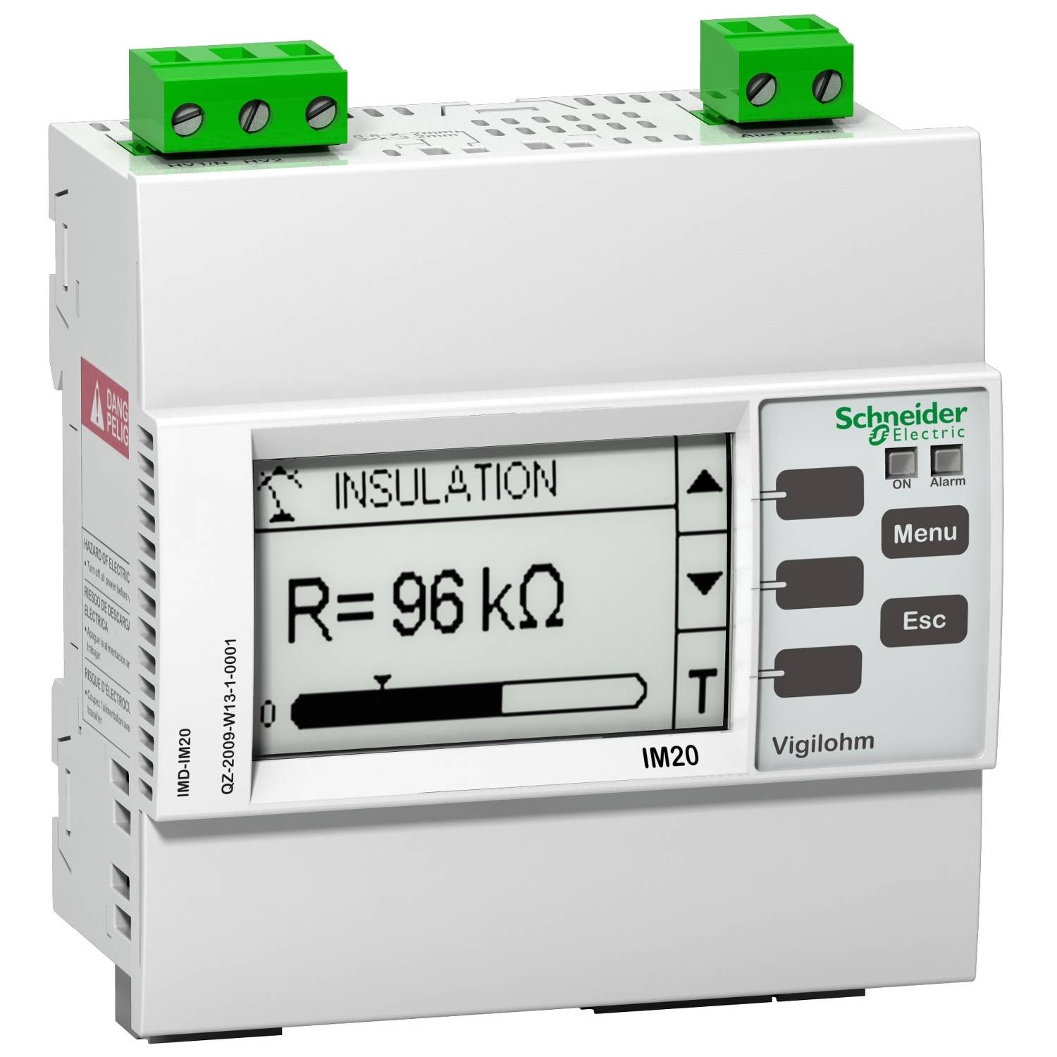 Ein elektrisches Messgerät von Schneider Electric zeigt eine Isolationsmessung von 'R = 96 kΩ'. Tasten: Menu, Esc.