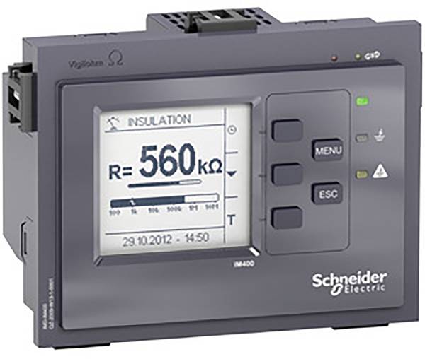 Ein graues elektrisches Überwachungsgerät von 'Schneider Electric' zeigt einen Isolationswert von 560 kΩ auf dem Bildschirm an.