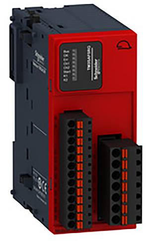 Ein rotes elektronisches Gerät mit mehreren schwarzen Anschlüssen und einer Anzeigeleiste, das möglicherweise in einer industriellen Umgebung eingesetzt wird.