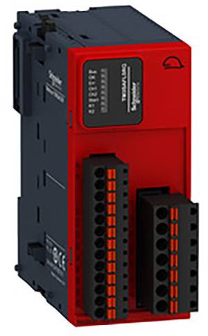 Ein rotes und schwarzes elektronisches Gerät mit mehreren Anschlussklemmen, wahrscheinlich ein Modul für elektrische Schaltschränke.