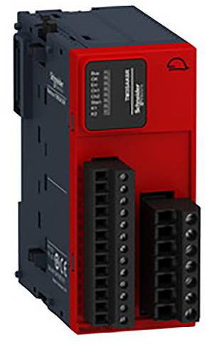 Elektronisches Gerät mit rotem Gehäuse, mehreren schwarzen Steckverbindungen und seitlichem Etikett. Möglicherweise ein Schaltschrankmodul.