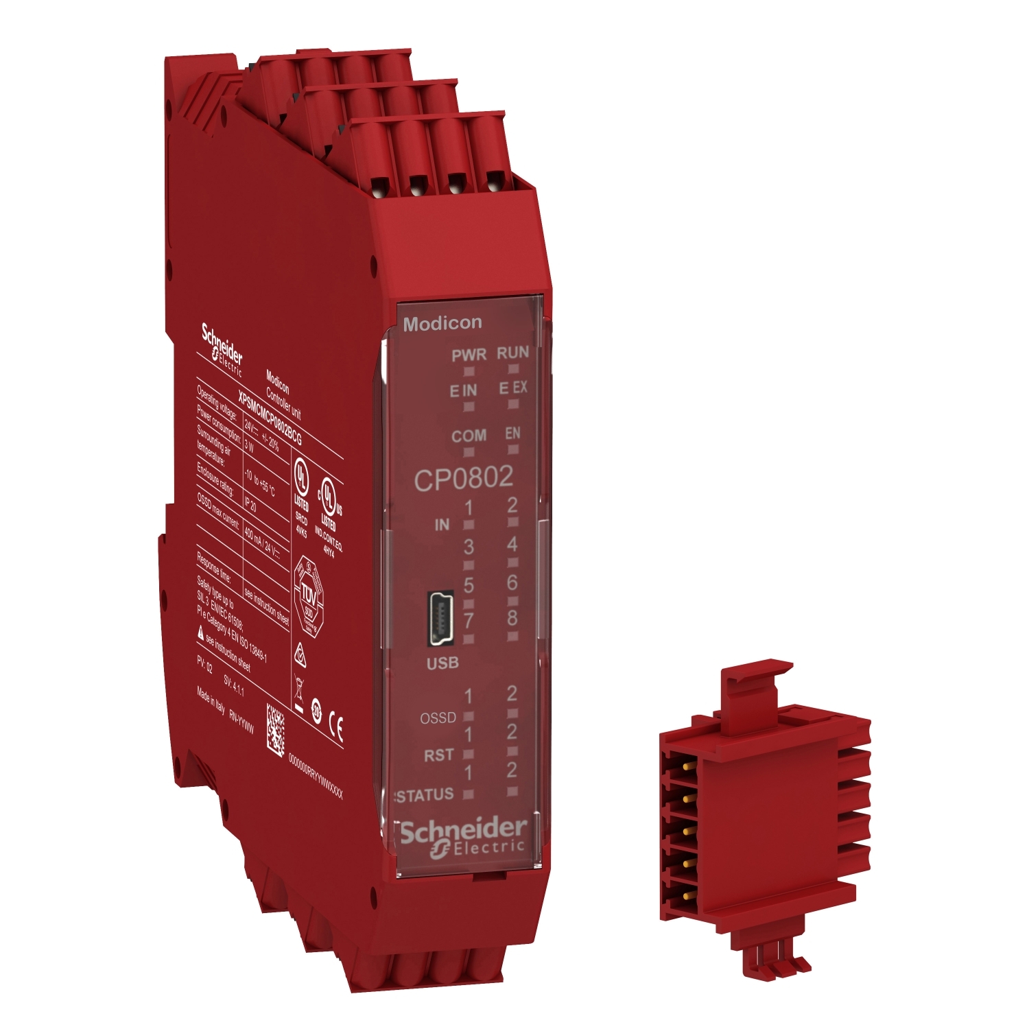 Rotes Modicon CP0802 Automatisierungsmodul von Schneider Electric mit USB-Anschluss, Statusleuchten und abnehmbarem Anschlussblock.