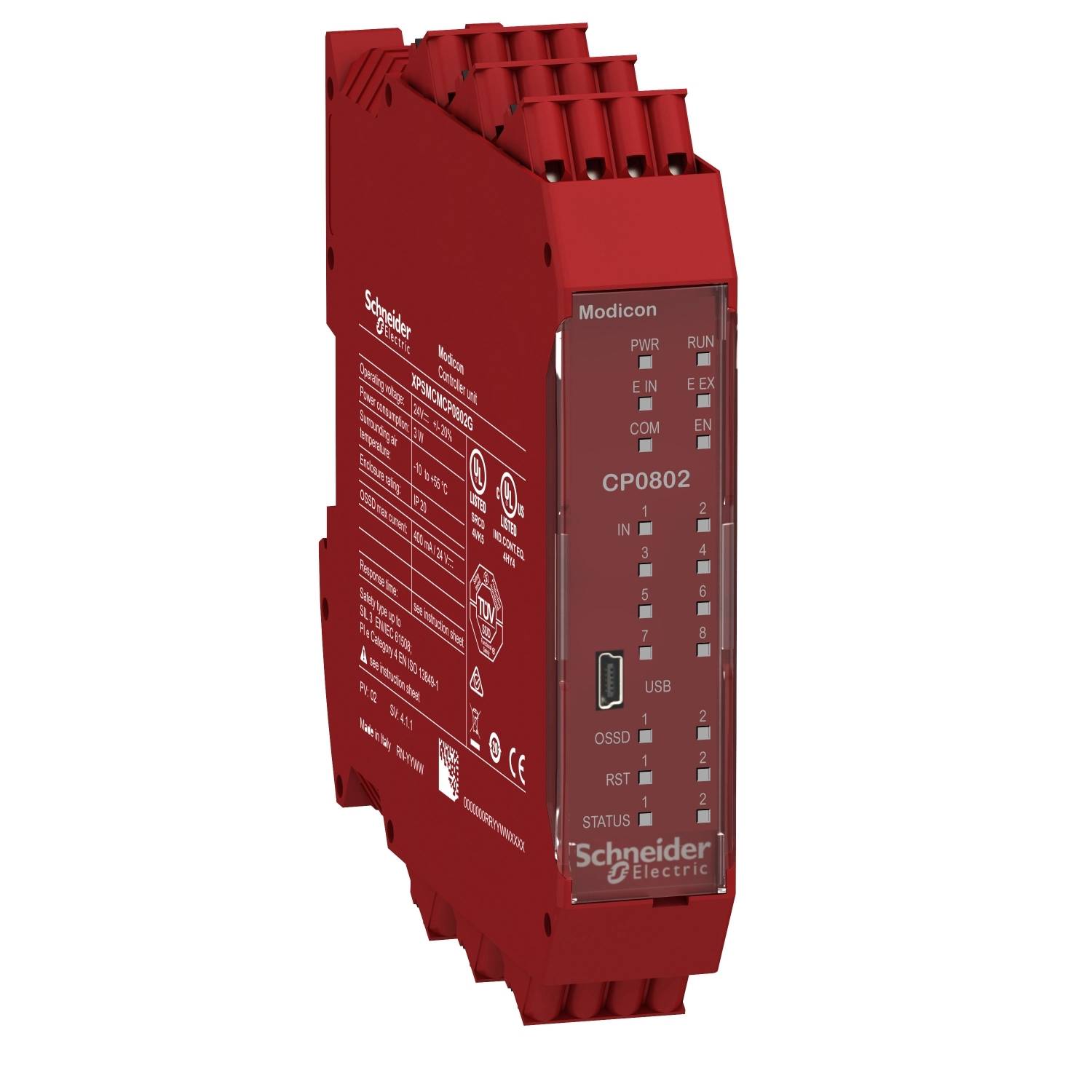 Ein rotes, elektronisches Gerät von Schneider Electric mit Modellbezeichnung 'Modicon CP0802'. Enthält Anschlüsse und Statusanzeigen.