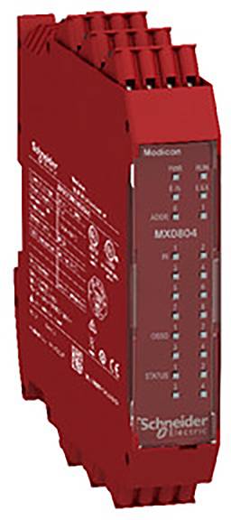 Rotes elektronisches Gerät mit Aufschrift 'Schneider Electric', enthält technische Angaben und Statusanzeigen auf der Vorderseite.