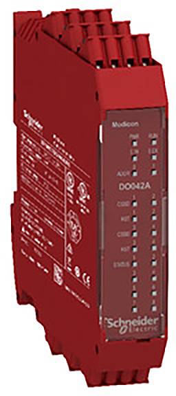 Rote elektronische Steuerungseinheit von Schneider Electric mit mehreren Anschlüssen und LED-Anzeigen für verschiedene Funktionen.