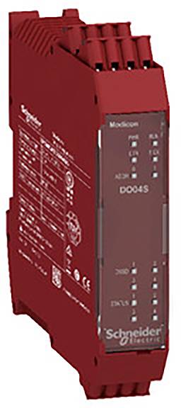 Rotes elektronisches Modul von Schneider Electric, beschriftet mit 'Modicon' und 'IDO4S', zeigt LED-Anzeigen und Anschlüsse für industrielle Anwendungen.