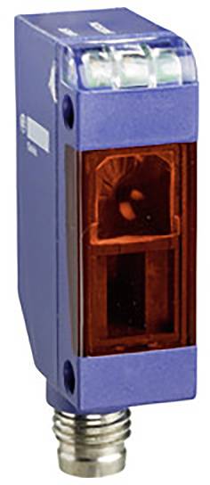 Ein rechteckiger, blauer Sensor mit rotem optischen Fenster und metallischem Anschluss an der Unterseite, zur Erkennung von Objekten.