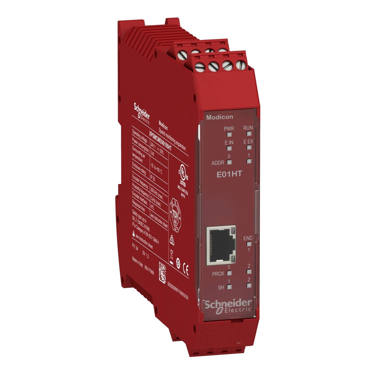 Rotes Automatisierungsmodul von Schneider Electric mit Ethernet-Anschluss. Modellnummer 'E01HT'.