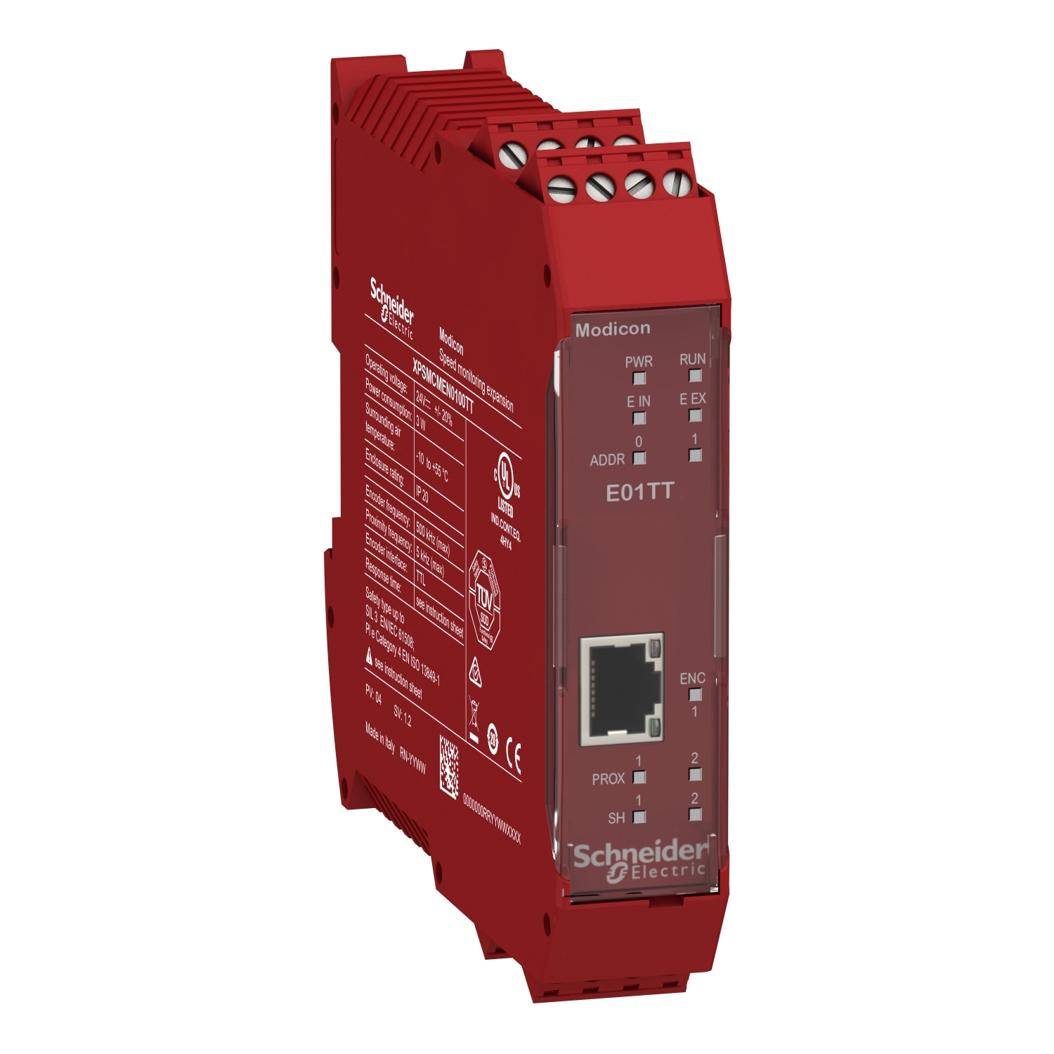 Rotes Modicon-SPS-Modul von Schneider Electric mit Ethernet-Anschluss. Automatisierungskomponente zur Steuerung industrieller Prozesse.