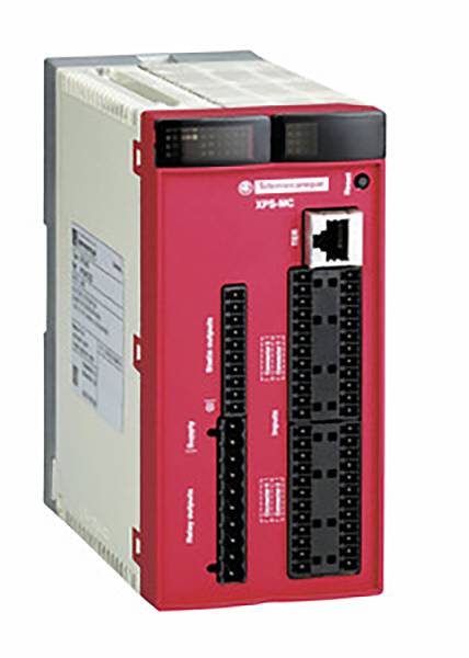 Ein Sicherheitsrelais-Modul mit roten Gehäuse, schwarzen Steckplätzen und Ethernet-Anschluss. Modellnummer XPS-BC sichtbar.
