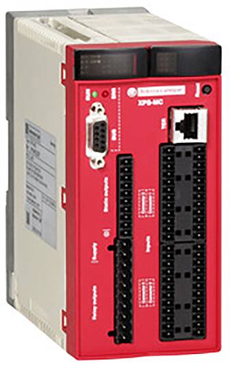 Ein rotes Sicherheitsmodul mit mehreren Anschlüssen, darunter Ethernet- und serielle Ports, wird gezeigt. Es gehört zur industriellen Automatisierungstechnik.