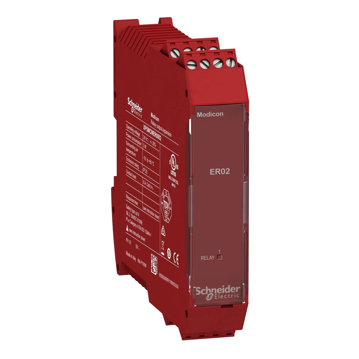 Ein rotes Elektronikmodul von Schneider Electric mit der Aufschrift 'ER02 Relay' auf der Vorderseite.