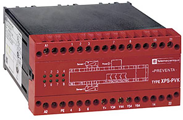 Ein rotes Sicherheitsrelais der Marke Telemecanique mit der Bezeichnung 'XPS-PVK', verwendet für industrielle Steuerungsanwendungen.