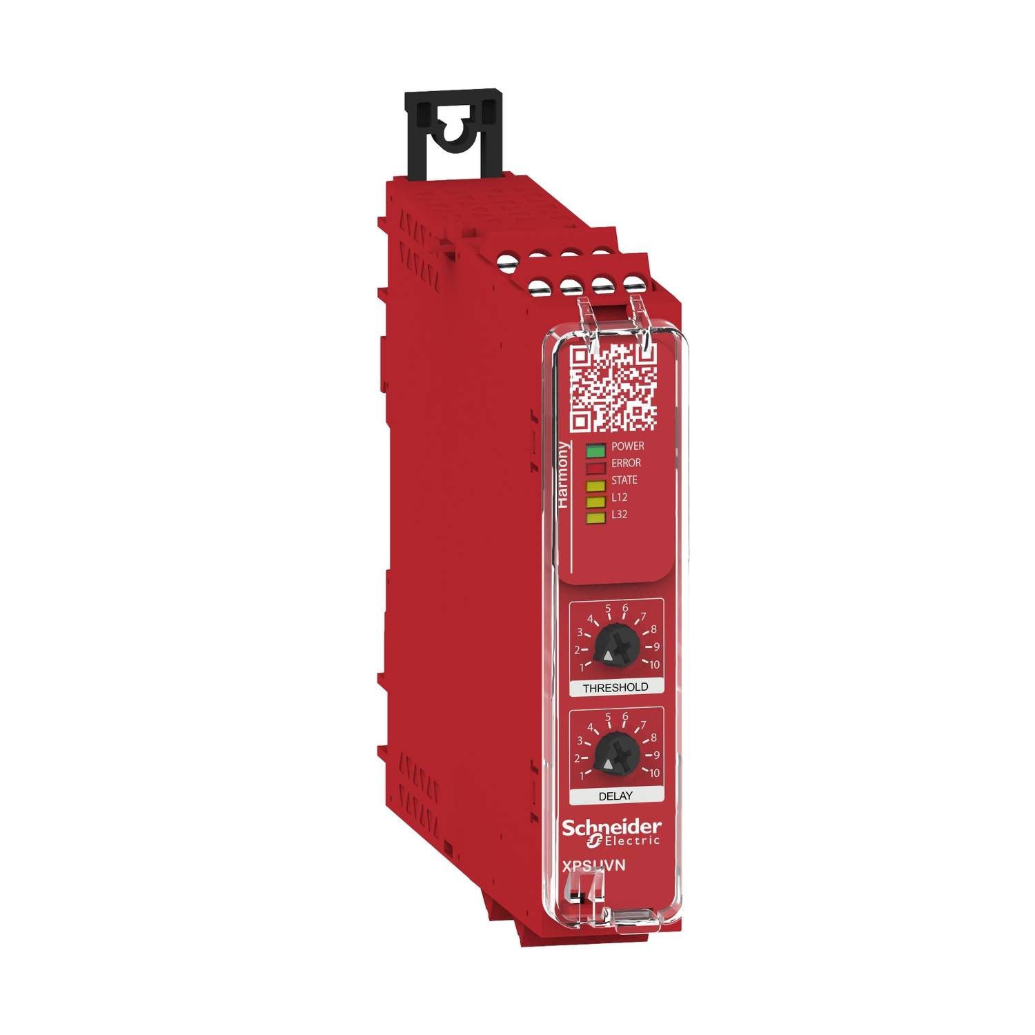 Ein rotes Sicherheitsrelais von Schneider Electric mit Schwellenwert- und Verzögerungseinstellungen.