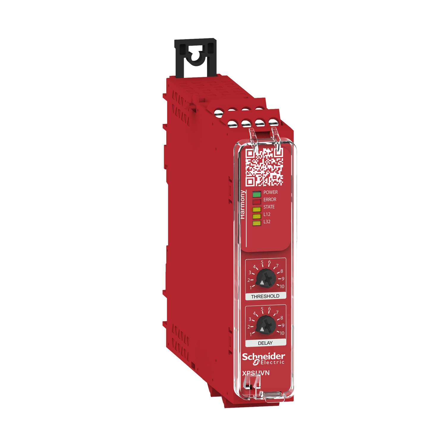 Ein rotes Sicherheitsrelais von Schneider Electric, Modell XPSAV11113P. Es zeigt Status-LEDs für Leistung, Fehler und Sicherheitsstufen.