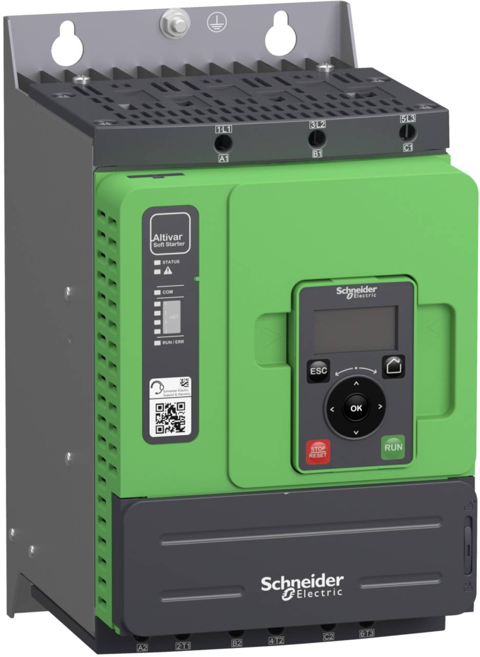 Ein grüner Frequenzumrichter von Schneider Electric, Modell Altivar. Zeigt Bedienelemente und Anzeige auf der Frontseite.
