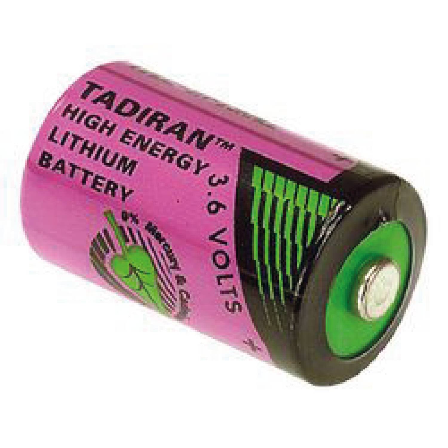 Eine lila Lithium-Batterie der Marke Tadiran mit der Aufschrift 'High Energy 3.6 Volts'.