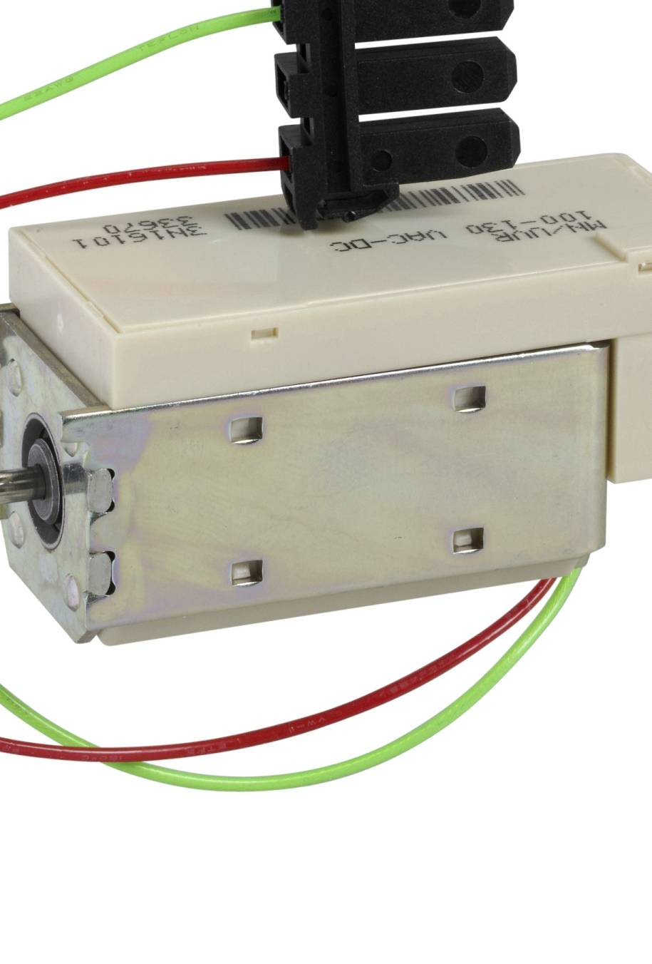 Kleiner Elektromotor mit Kunststoffgehäuse und Metallteilen, umgeben von roten und grünen Kabeln.