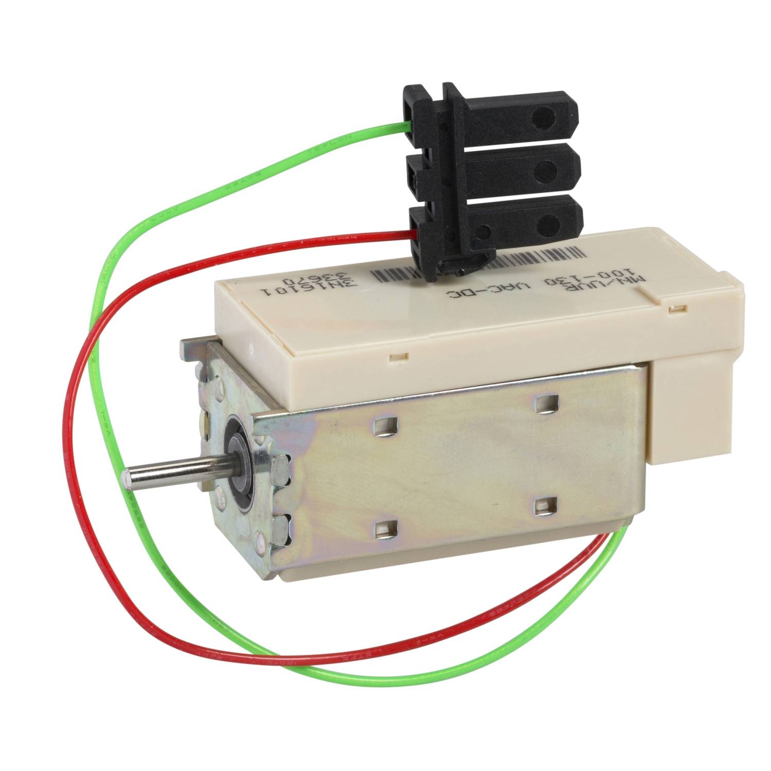 Ein kleiner Elektromotor mit rot und grün isolierten Drähten und einem schwarzen Steckverbinder.
