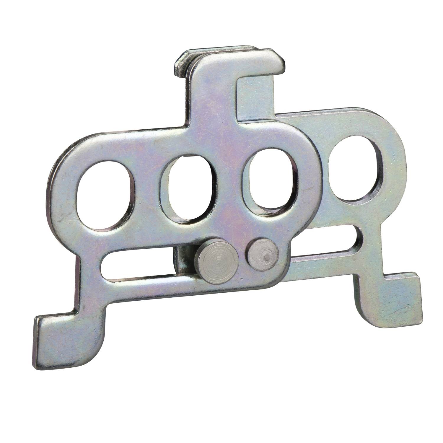 Metallteil in komplexer Form mit runden und rechteckigen Ausschnitten. Es scheint Teil eines Mechanismus oder einer Halterung zu sein.