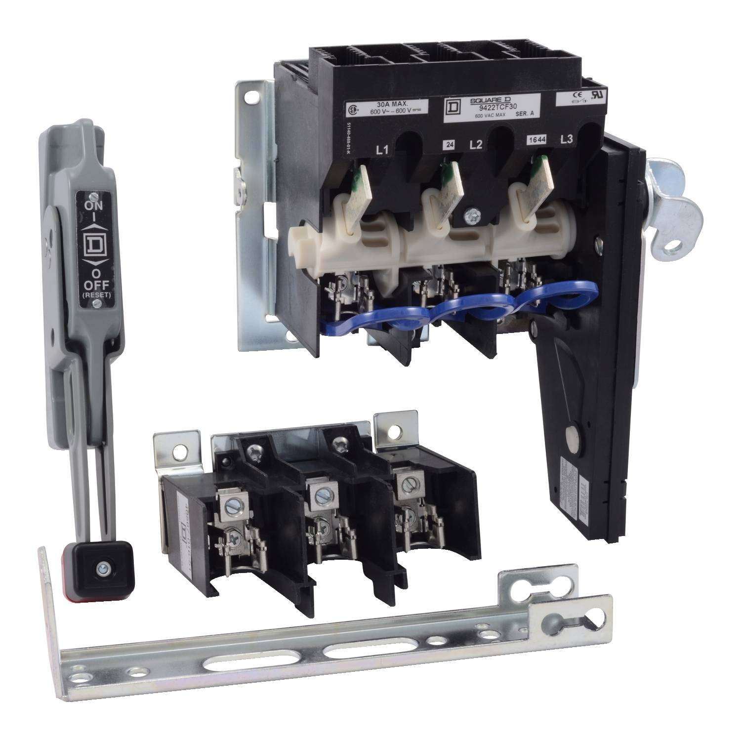 Elektrischer Lasttrennschalter in geöffneter Position, bestehend aus einem Griff mit Ein/Aus-Anzeige, Klemmen und Montagehalterungen.