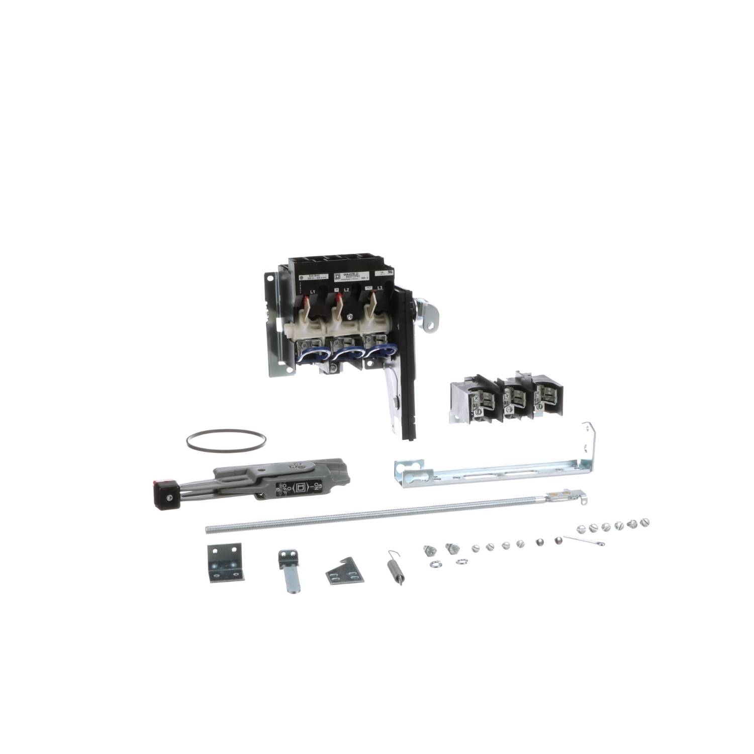 Elektrisches Schalter-Set mit mehreren Bauteilen, darunter Schalter, Befestigungsmaterial und kleine Ersatzteile auf weißem Hintergrund.