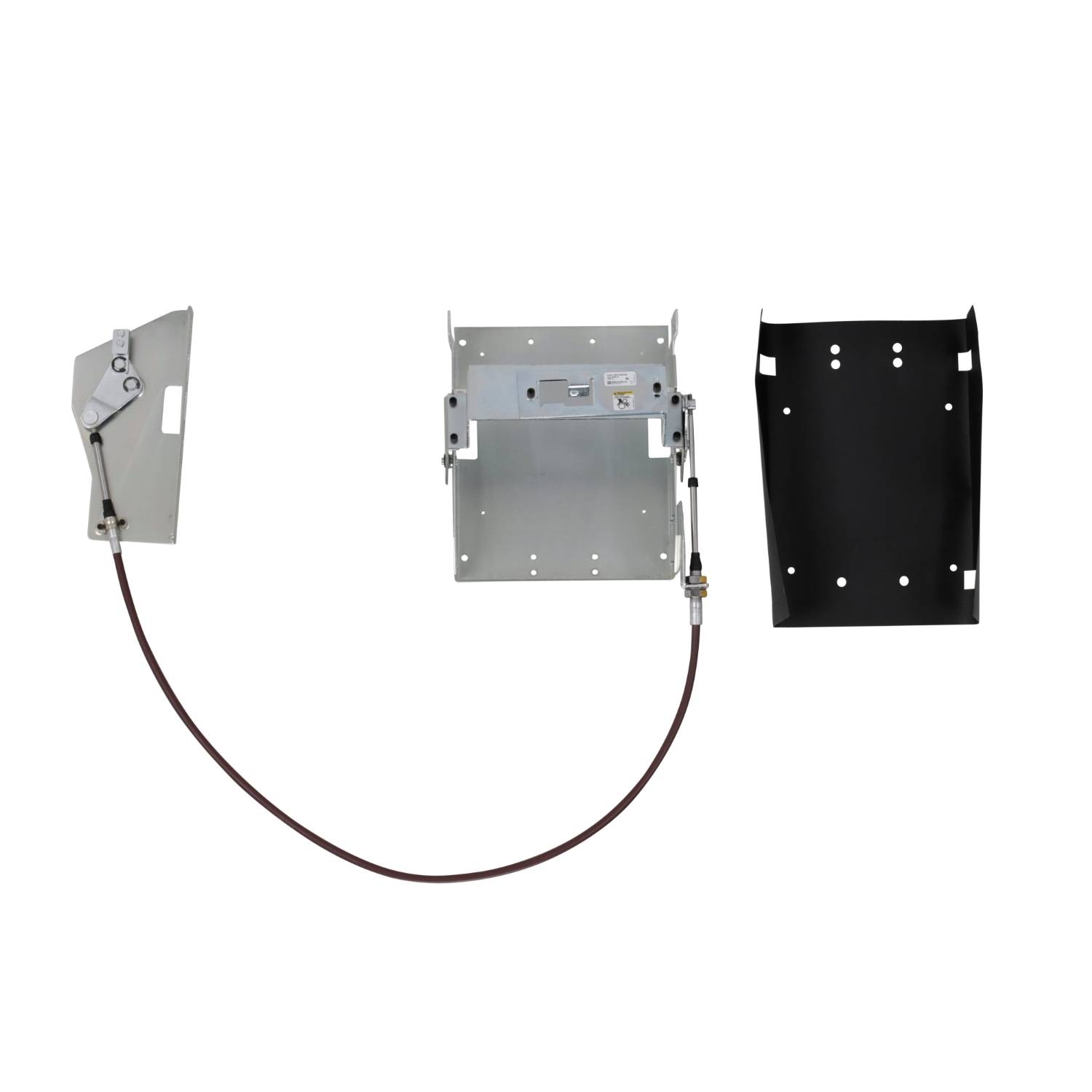 Drei Metallteile: links ein Hebel mit Kabel, in der Mitte eine offene Box, rechts eine schwarze Abdeckung. Sie sind gegen einen weißen Hintergrund angeordnet.
