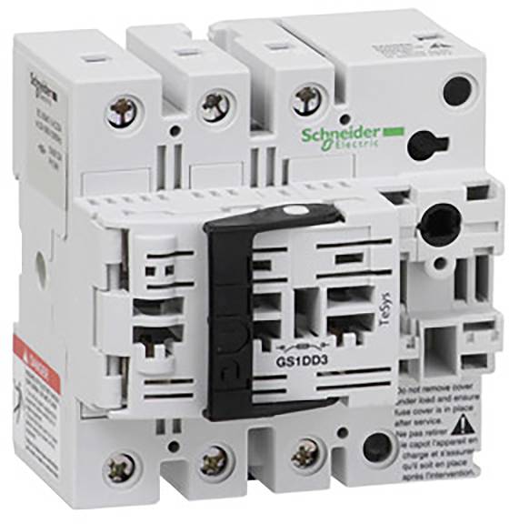 Sicherungsautomat von Schneider Electric, Modell GS1DD3, weiß, mit schwarzen und grünen Akzenten, mit mehreren Anschlüssen.