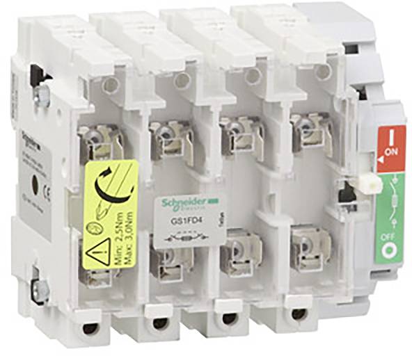 Ein dreipoliger Schutzschalter von Schneider Electric mit einem gelben Warnaufkleber. Er kennzeichnet die Positionen 'Ein' und 'Aus'.