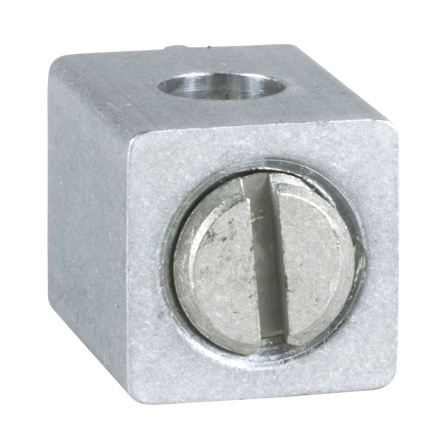 Ein rechteckiger Metallblock mit einer zentralen Schraube und einem Loch an der Oberseite. Möglicherweise ein Teil eines Mechanismus.