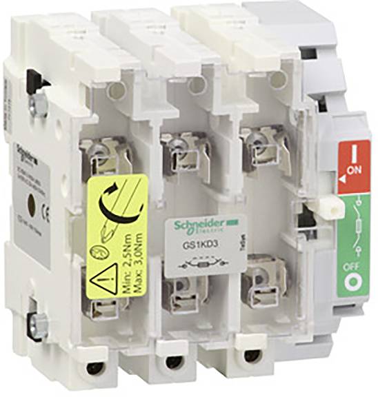 Schalter von Schneider Electric mit Hebel in der Position 'ON'. Zeigt technische Details wie Spannung und Stromrichtlinien.