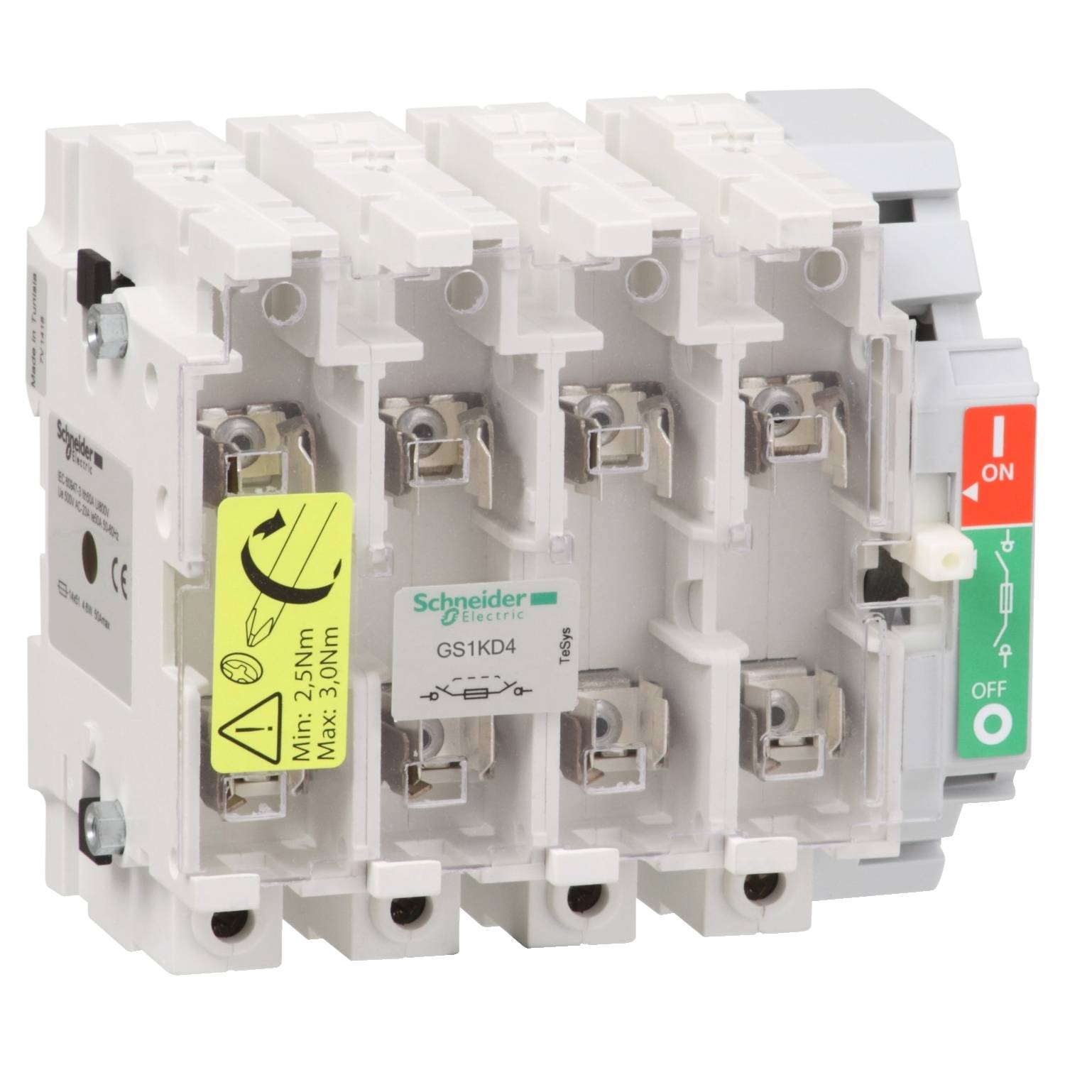 Ein elektrischer Schalter mit der Aufschrift 'Schneider Electric' und gelber Warnetikett. Hebel auf der rechten Seite zeigt 'ON'.