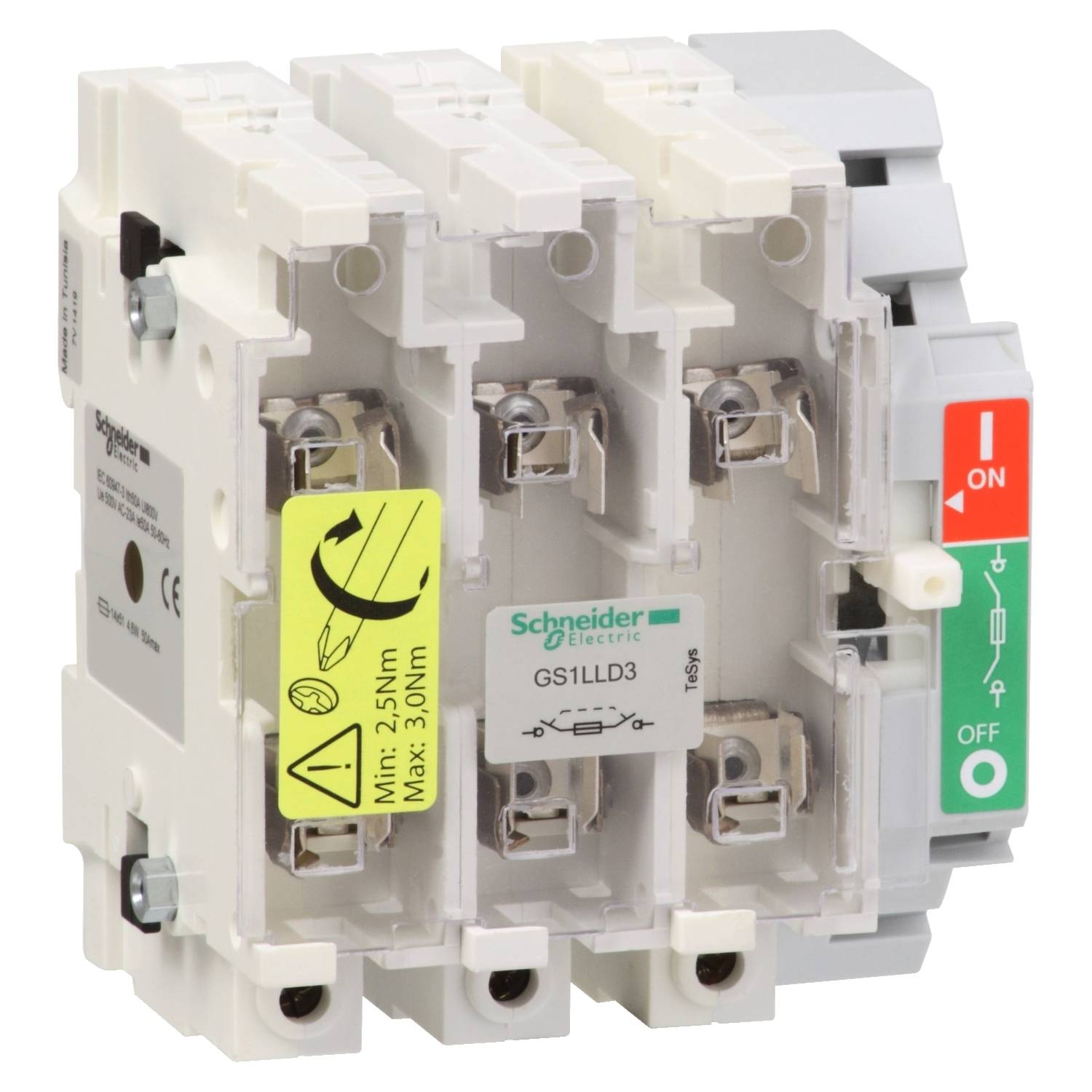 Dreipolige elektrische Schaltereinheit von Schneider Electric mit gelbem Aufkleber für minimale und maximale Drehmomentangaben. Markierungen: 'ON' und 'OFF'.