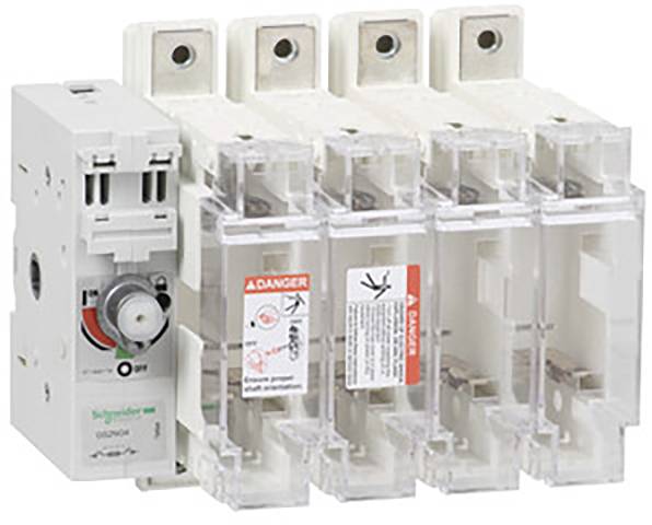 Leistungsschalter mit vier transparenten Sicherungshaltern. Beschriftungen warnen vor elektrischen Gefahren.