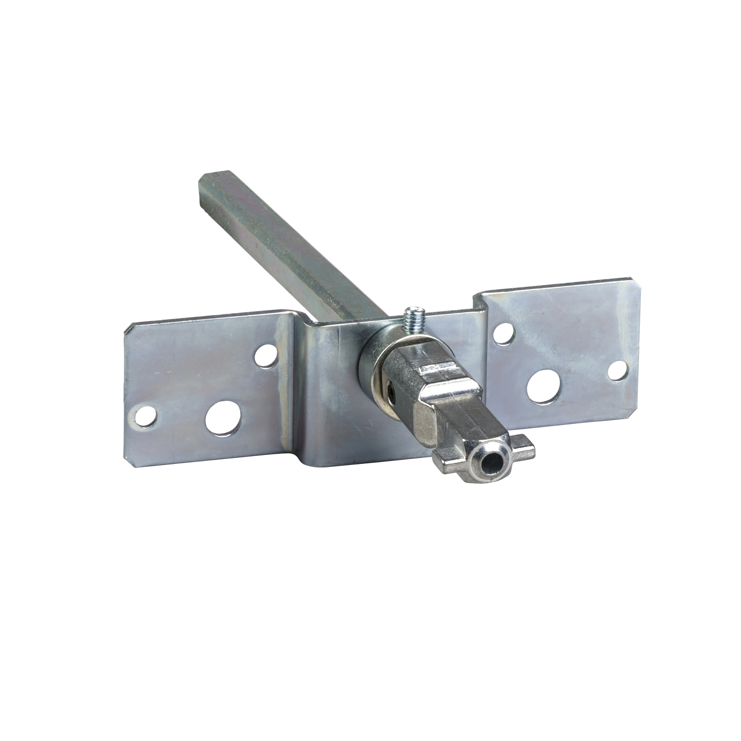 Metallischer Riegelverschluss mit rechteckiger Halterung, geeignet für Schränke oder Türen, mit genauer Befestigungsmechanik.