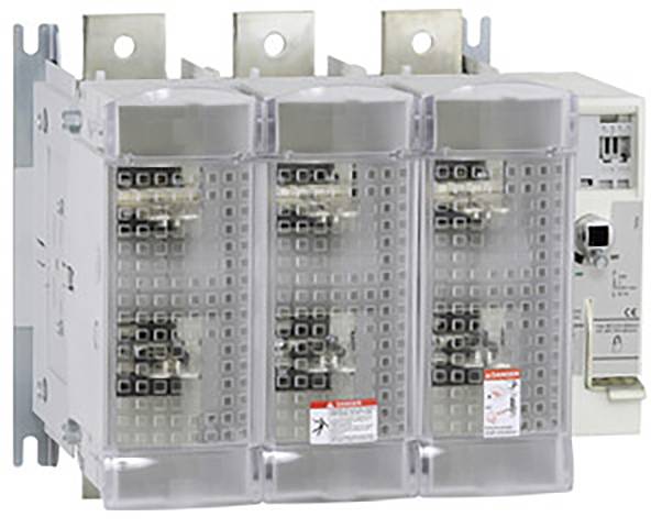 Elektrisches Schaltgerät bestehend aus drei transparenten Schutzabdeckungen und einem weißen Gehäuse mit Anschlüssen.