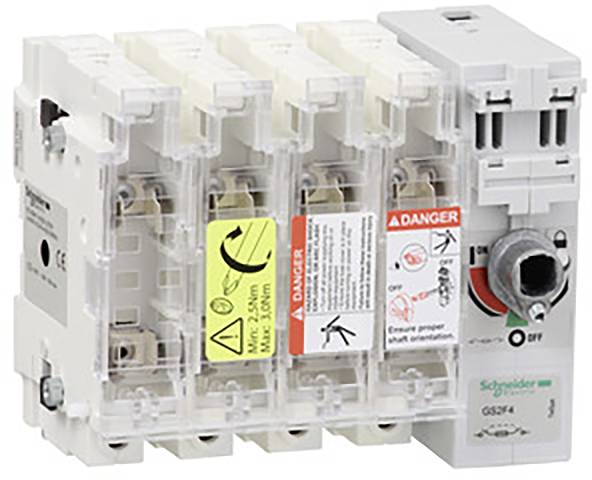 'Schneider Electric' Sicherungsschalter mit Warnetiketten und Bedienungshinweisen, markiert mit 'DANGER'.