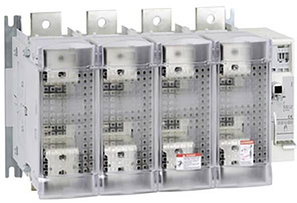 Elektrisches Gerät mit vier durchsichtigen Sicherungshaltern nebeneinander. Es dient zur Absicherung und Schutz von elektrischen Stromkreisen.
