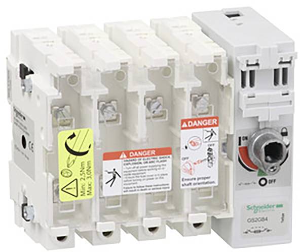 'Schneider Electric' Schaltgerät mit Gefahrensymbolen und Anweisungen zum sicheren Gebrauch. Elektrische Komponente mit Drehschalter.
