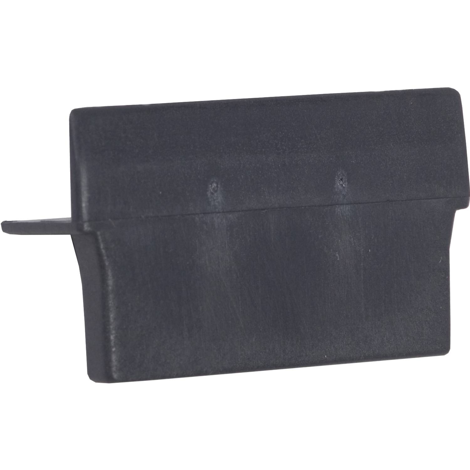 Ein schwarzer Kunststoffadapter, rechteckig mit flachen Kanten, wird von der Seite gezeigt. Er hat zwei kleine Löcher oben.
