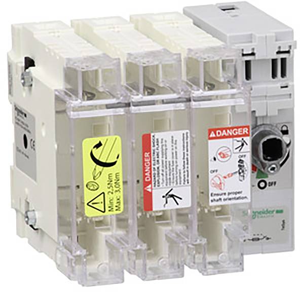 Ein elektrischer Leistungsschalter von Schneider Electric, mit Warnhinweisen und Bedienfeld.