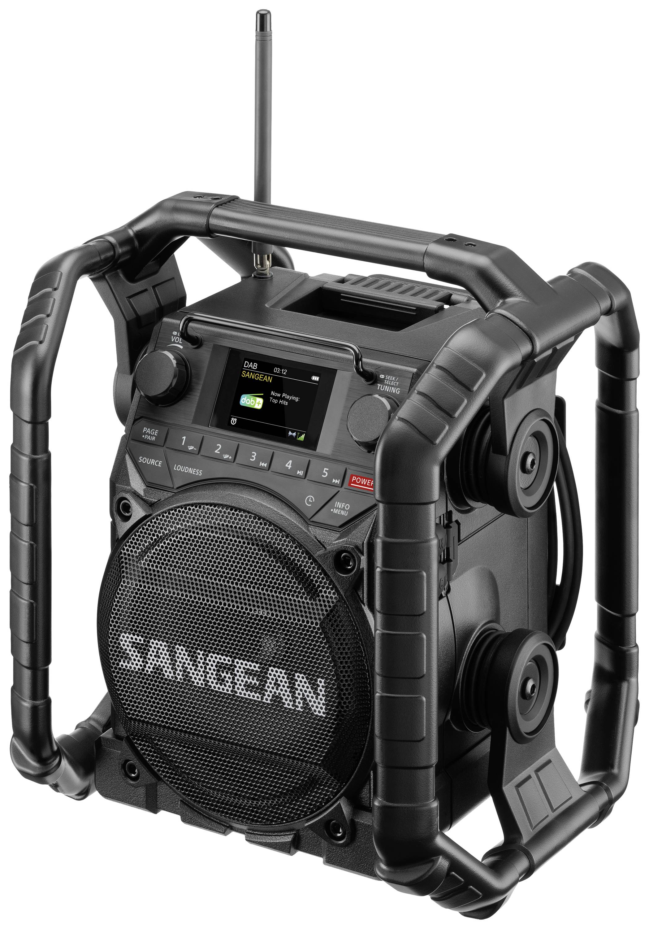 Schwarzes tragbares Radio mit UKW/MW-Bandanzeige und großem Lautsprecher auf der Vorderseite. Robuster Schutzrahmen und Antenne oben.