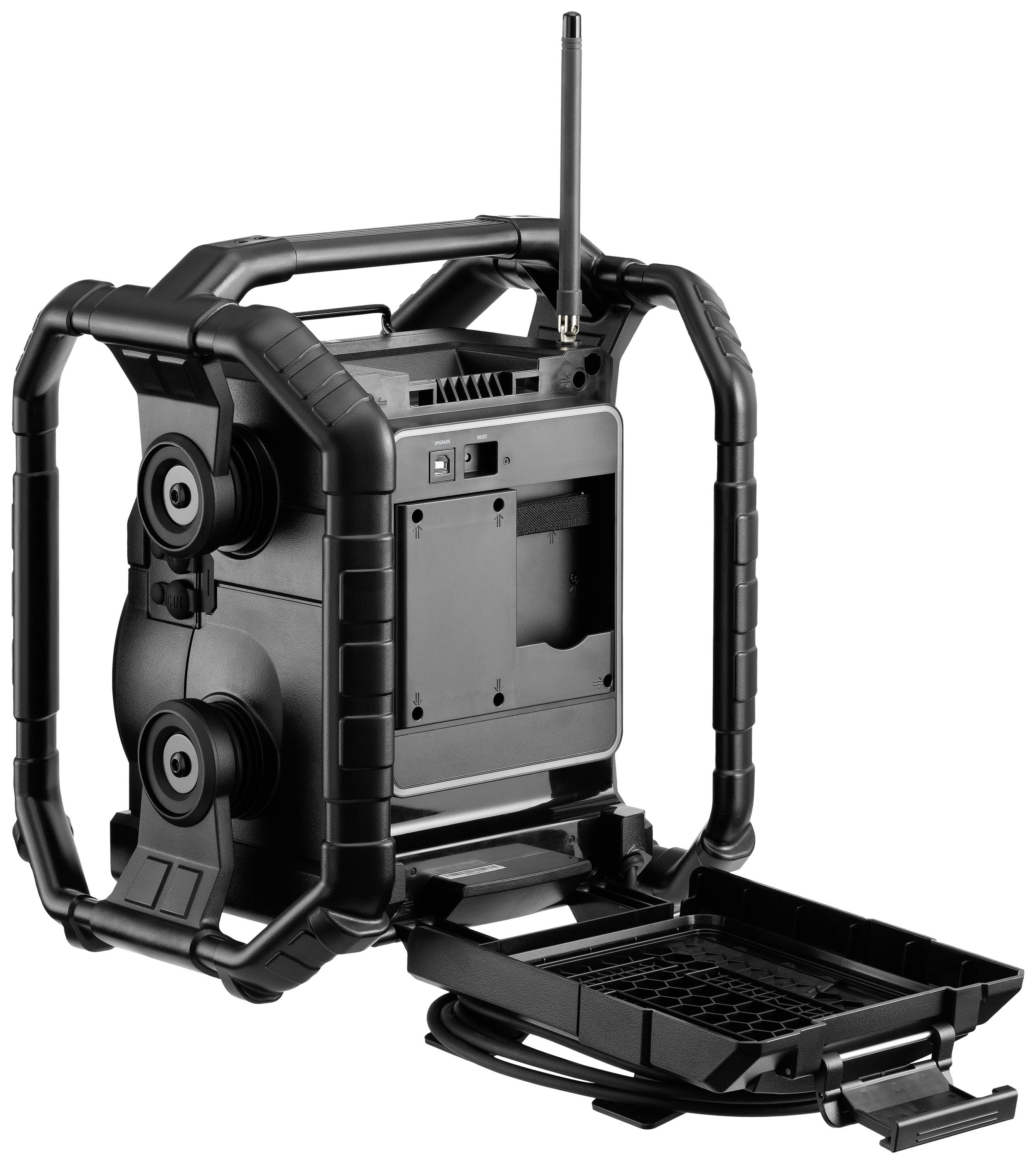 Tragbares, robustes Gerät mit Antenne und Gehäuse, möglicherweise ein Kommunikations- oder Audiogerät, im offenen Zustand gezeigt.