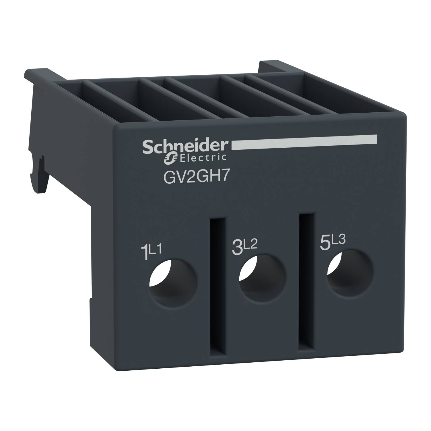 Anschlussblock mit drei Steckplätzen, jeweils für Phasen 1L1, 3L2 und 5L3. Beschriftet mit 'Schneider Electric GV2GH7'.
