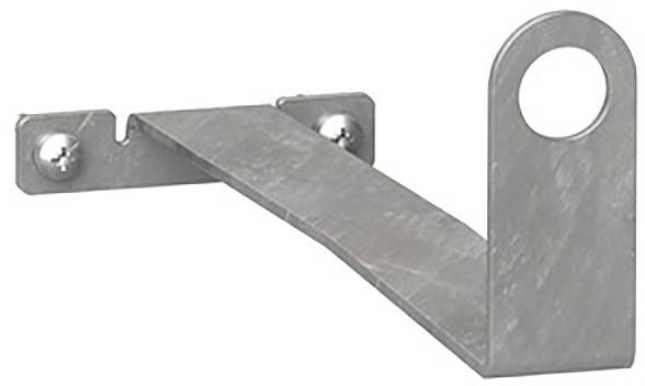 Metallwinkelhalterung mit zwei Schraubenlöchern und Haken, möglicherweise für Montagelösungen.