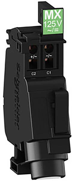 Schwarzer elektrischer Schalter von Schneider Electric, Modell MX mit einer maximalen Spannung von 125 V. Oben ist ein grünes Etikett angebracht.