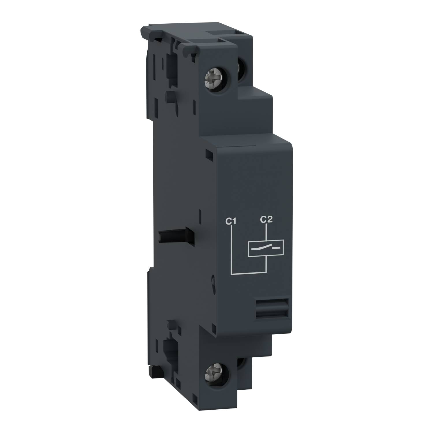 Ein schwarzer elektrischer Leistungsschalter mit Beschriftung 'C1' und 'C2', zeigt einen Schaltermechanismus. Geeignet für Schalttafeln.